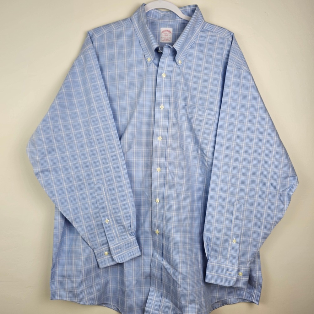 Brooks Brothers 346 Button Down Shirt Mens 18-4/5 Blue Plaid Polo Non-Iron
